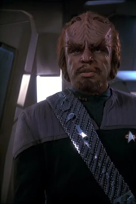 headshot of a klingon man, forehead ridge, thick eyebrows, dark skin, wearing black and blue ds9st uniform, (blue collar:1.1), sash, sci-fi starship background, <lora:race_st_klingon:0.7>, <lora:DS9_768V12:0.95>