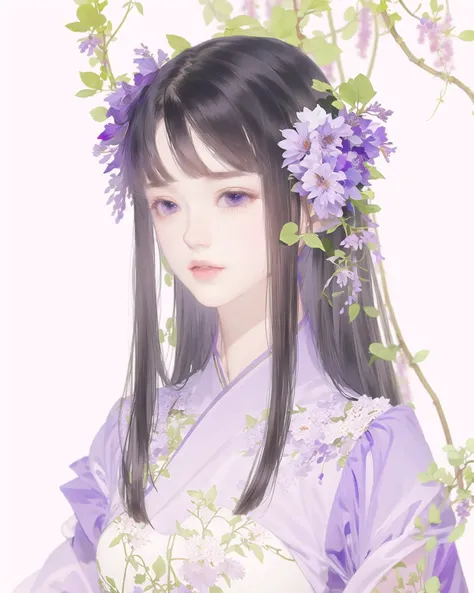 1girl,solo,flower,beauty,Wisteria, violets,vines,upper body,extremely detailed,8k CG,Lilac background,black hair,purple gauze,very_long hair,wisteria background
tin