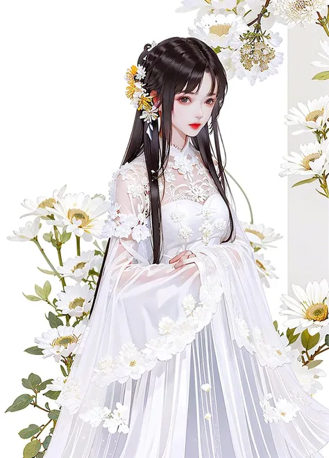 branch, chrysanthemum, white_flower, petals, 1girl, white theme, long_hair, solo, petals_on_liquid,portrait,
lace ,lace trim, <lora:linghuaInkLoraJX3_v10:0.7>