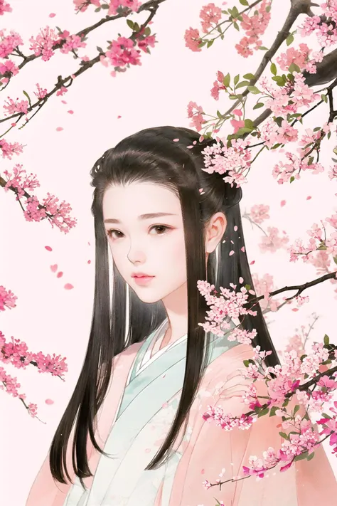 branch, cherry_blossoms, pink_flower, plum_blossoms, hanami, petals, 1girl, pink theme, long_hair, solo, petals_on_liquid,portrait,