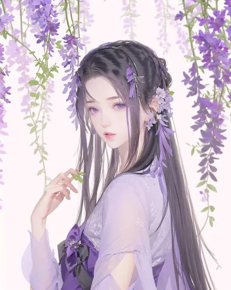 1girl,solo,flower,beauty, Wisterias, violets, vines,upper body,extremely detailed,8k CG,Lilac background,black hair,purple gauze,very_long hair, wisteria background, wisteria_on_liquid,mauve background,lilac,Under the wisteria tree
,looking at viewer,