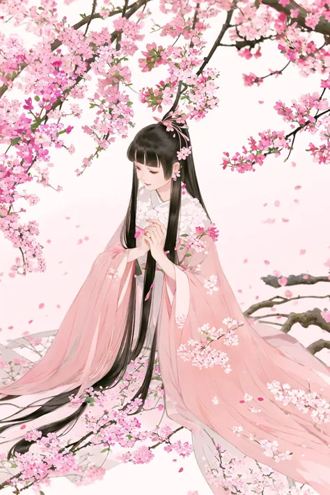 branch, cherry_blossoms, pink_flower, spring_\(season\), plum_blossoms, hanami, petals, 1girl, pink theme, long_hair, solo, petals_on_liquid, long_sleeves,under the cherry tree