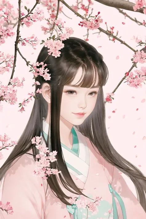 branch, cherry_blossoms, pink_flower, plum_blossoms, hanami, petals, 1girl, pink theme, long_hair, solo, petals_on_liquid,portrait,