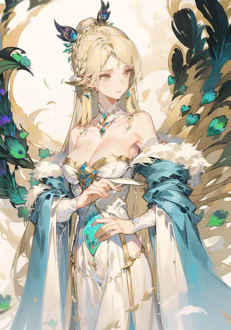 Peacock feathers, blonde hair, gauze, laser sheeves, gem, (((mature female))),1girl,solo,