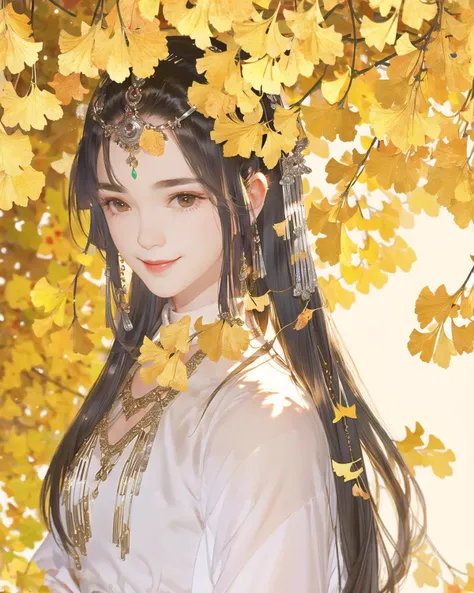 Ginkgo leaves, under the ginkgo trees,Gold background, autumn, 1girl, solo,mature female, long hair,looking at viewer, smile, silver headdress, silver necklace,wind, upper body, Look back