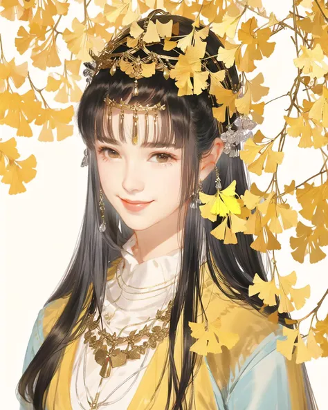Ginkgo leaves, under the ginkgo trees,Gold background, autumn, 1girl, solo,portrait,mature female, long hair,looking at viewer, smile, silver headdress, silver necklace
