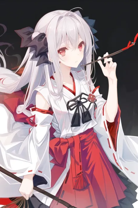 (gohei),(Miko clothing),1girl, solo, long hair, red eyes, bow, ribbon, skirt, hair bow, hair ribbon, very long hair, <lora:櫻小路露娜:0.7>