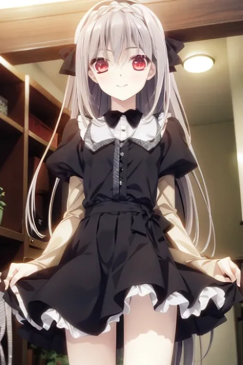 best quality, masterpiece, 1girl, solo, braid, skirt, ribbon, bow, red eyes, long hair, hair ribbo, white hair, looking at viewer, light smile, standing, above thighs, <lora:TsukiNiYorisouOtomeNoSahou_v10:1>