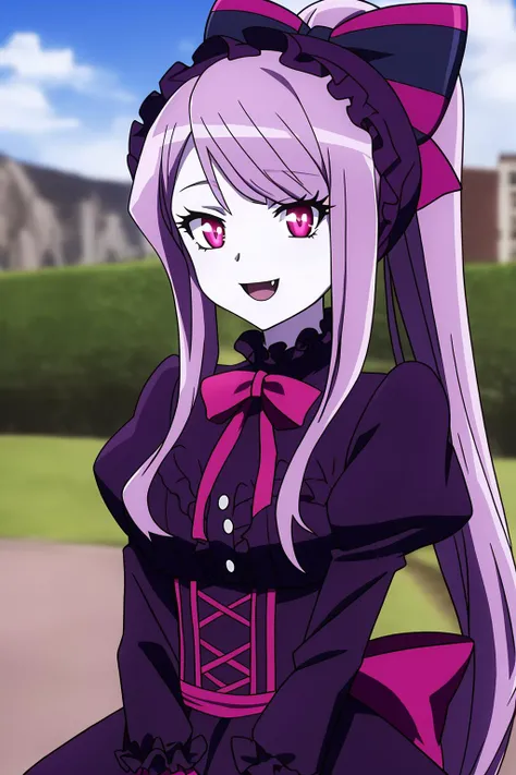 shalltear, 1girl, solo, long_hair, breasts, looking_at_viewer, smile, open_mouth, bangs, red_eyes, long_sleeves, dress, bow, ribbon, medium_breasts, very_long_hair, upper_body, ponytail, :d, hair_bow, grey_hair, outdoors, frills, sky, day, fang, striped, puffy_sleeves, cloud, hand_up, blurry, black_dress, blue_sky, black_bow, blurry_background, frilled_dress, slit_pupils, pale_skin, lolita_fashion, striped_bow, gothic_lolita, vampire, bonnet