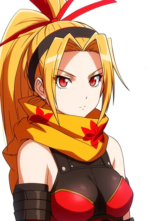 tina, 1girl, solo, long_hair, breasts, blonde_hair, red_eyes, gloves, bare_shoulders, medium_breasts, closed_mouth, hair_ribbon, upper_body, ponytail, hairband, scarf, headband, high_ponytail, ninja