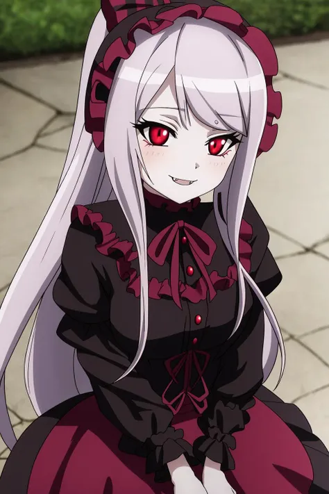 shalltear, anime_art_style, 1girl, solo, long_hair, breasts, looking_at_viewer, smile, open_mouth, red_eyes, long_sleeves, dress, bow, ribbon, upper_body, :d, hair_bow, outdoors, frills, sky, day, fang, frilled_dress, slit_pupils, ta_fashion, striped_bow, gothic_lolivampire, bonnet