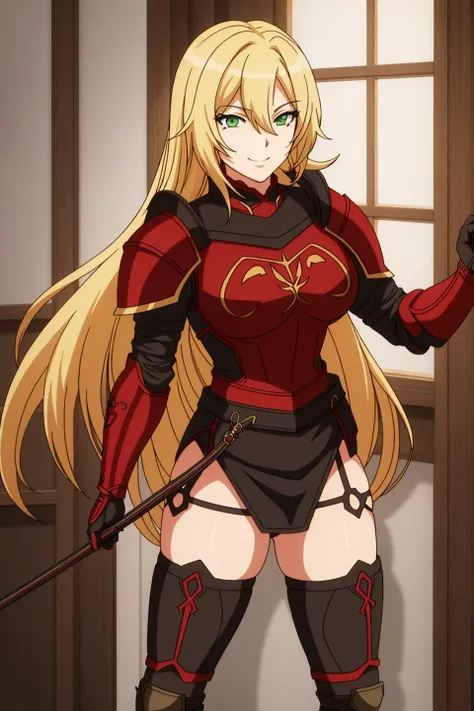 leinas, anime_art_style, 1girl, long_hair, looking_at_viewer, smile, blonde_hair, 1boy, green_eyes, armor, mole, hair_over_one_eye, cosplay, parody, shoulder_armor, mole_under_mouth, meme, circlet