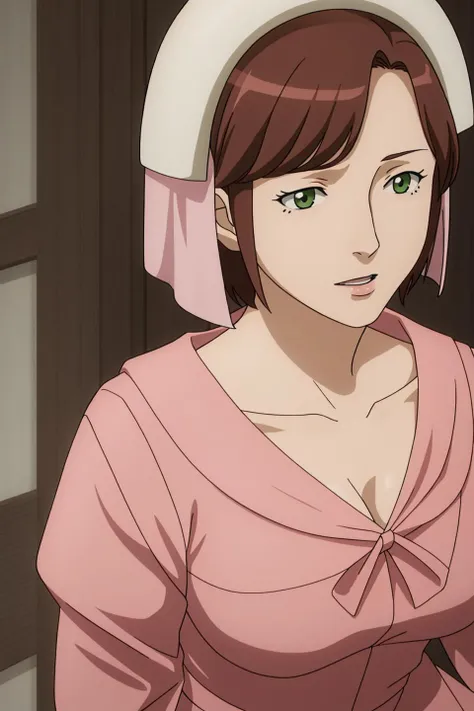 uketsukejou, anime_art_style, 1girl, solo, breasts, short_hair, open_mouth, brown_hair, dress, green_eyes, collarbone, upper_body, puffy_sleeves, indoors, mole, mole_under_eye