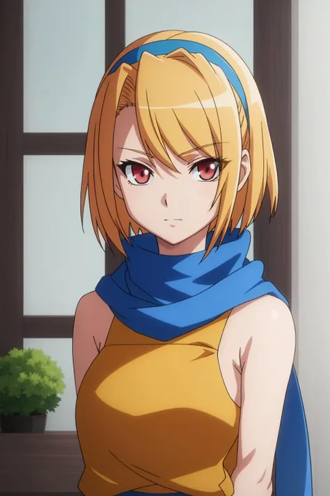 tia, anime_art_style, 1girl, solo, looking_at_viewer, short_hair, blonde_hair, red_eyes, bare_shoulders, closed_mouth, blue hairband, blue scarf, yellow_scarf