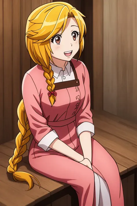 enri, anime_art_style, 1girl, solo, long_hair, blonde_hair, brown_eyes, braid, teeth, single_braid, parody, hair_over_shoulder, anime_coloring