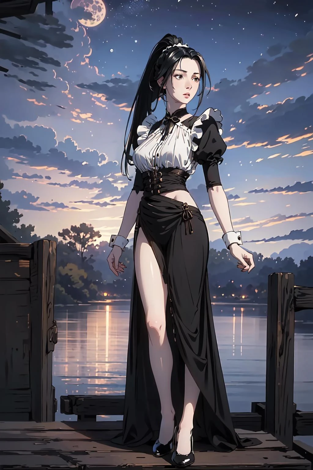 <lora:Overlord - [Girlpack] - Version 1:0.4>, narberal , (solo, 1girl), (pale skin:1.2), (beautiful, 18 years old:1.5), (huge breasts), (full_armor maid), maid hairband , (detail city, starry night sky, outdoors), (full body:1.4), soft light,
perfect(face ,eyes , nose, hands , arms), detailed fingers, extremely detailed eyes and face, beautiful detailed nose, beautiful detailed eyes, (RAW photo, best quality), (realistic, photo-realistic:2.0), extremely detailed, CG, 8k Amazing, finely detail, (masterpiece:2.0, best quality), realistic, (real picture, intricate details, depth of field), beautiful detailed girl, wide hips, small waist, glossy pink lips, black eyes, (((colorful gradient multi-colored black hair), ponytail hair)), elegant ,slender figure, fighting posture, <lora:NaturalLargeBreasts:0.65>,  <lora:Night scene_20230715120543:0.7>,