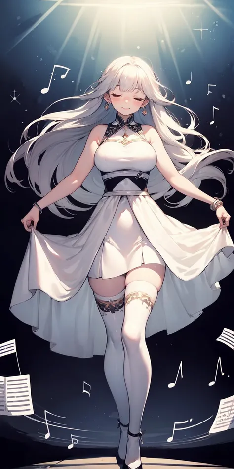<lora:Fumio (rsqkr) - Style[MockAi - v1.0]:0.9>, fumio, sketchy lineart, exaggerated proportions, pastel tones, glossy, film grain, 
1girl, long hair, solo, closed eyes, musical note, instrument, breasts, dress, beamed eighth notes, jewelry, piano, white dress, smile, full body, music, standing, bracelet, closed mouth, thighhighs, very long hair, large breasts, treble clef, quarter note, socks, sheet music, grey hair, beamed sixteenth notes, skirt hold