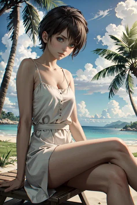 1girl, dark skin, breasts, sun, bright sky, afternoon, solo, small breasts, short hair, wet, see through clothes, wet clothes, wading, water, hair band, sand, outdoors, sky, full sun, rain, black hair, off shoulder, beach area, cloud, holding, sash, bare shoulders, surfers, standing, white wet clothes, bright sky, sideboob, obi, wet clothes, bangs, tree, from side, reflection, short hair, beautiful sky, wet hair (((masterpiece),(extremely detailed CG unity 8k wallpaper),best quality,,solo,1girl,cinematic lighting,detailed background,beautiful detailed eyes,bright pupils, (an extremely delicate and beautiful),(Beautiful and detailed eye description), ultra-detailed,masterpiece,)),