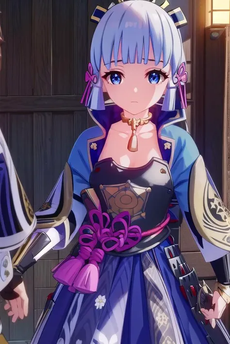 ayakakamisato, <lora:genshin ayaka kamisato ingame-lora-nochekaiser:1>,
ayaka kamisato, blunt bangs, blue eyes, blue hair, hair ornament, hair ribbon, hair tubes, long hair, ponytail, tress ribbon
BREAK arm guards, armor, armored dress, black dress, black gloves, light blue jacket, breastplate, dress, fingerless gloves, flower knot, gloves, neck tassel, open clothes, open jacket, socks,  tabi, tachi-e, bridal gauntlets, choker, japanese armor, japanese clothes, short sleeves,
BREAK outdoors,
BREAK looking at viewer, (cowboy shot:1.5),
BREAK <lyco:GoodHands-beta2:1>, (masterpiece:1.2), best quality, high resolution, unity 8k wallpaper, (illustration:0.8), (beautiful detailed eyes:1.6), extremely detailed face, perfect lighting, extremely detailed CG, (perfect hands, perfect anatomy),