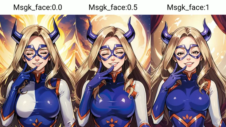 (masterpiece, best quality), intricate details,
1girl, <lora:mount_lady-10:0.8> mount_lady, domino mask, bodysuit, superhero, giantess, giant
<lora:Msgk_face:0.0>grin, :3, upper body, hand to own mouth, looking at viewer, half-closed eyes,