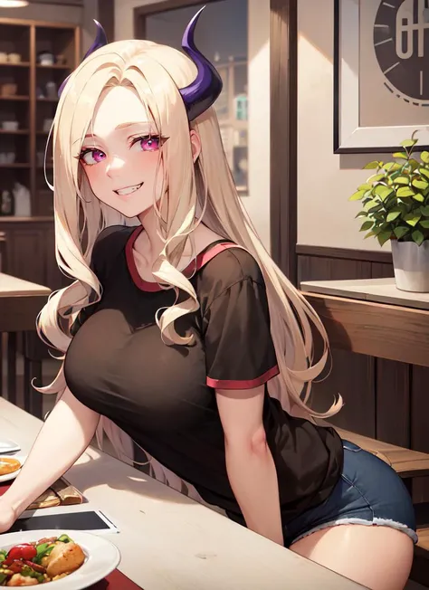 ((best quality)), ((highly detailed)), masterpiece, absurdres, detailed face, beautiful face, (detailed eyes, deep eyes), (1girl), fisheye lense, upper body, <lora:mount_lady:.7>, mount_lady, long hair, blonde hair, pink eyes, large breasts, (thick thighs), grin, t-shirt, short sleeves, shorts, sneakers, (inside, in a dining room)