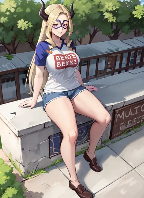 ((best quality)), ((highly detailed)), masterpiece, absurdres, (detailed eyes, deep eyes), (1girl), dynamic pose, full body, <lora:mount_lady:.9>, mount_lady, long hair, blonde hair, pink eyes, large breasts, (thick thighs), smiling, (domino mask), horns, <lora:SugoiDekai_Shirt:1.1>, outfit-UT,T-shirt, shorts, geta, duffel bag, <lora:giantessConcept_20:1>, GTS, giantess, looming, city, building, (outdoors, at a village, noon)
