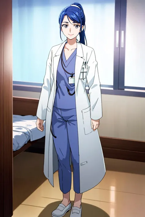 <lora:karen_otona:0.6> karen_otona, labcoat, doctor, medical scrubs, ponytail, in hospital, photoreal background, solo, standing, full body, smile, mature female