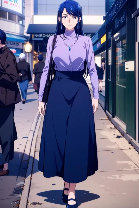 <lora:karen_otona:0.6> karen_otona, purple shirt, turtleneck, blue skirt, necklace, shoes, shoulder bag, long skirt, long hair, full body, smile, solo, in Paris, mature female, looking at viewer, day