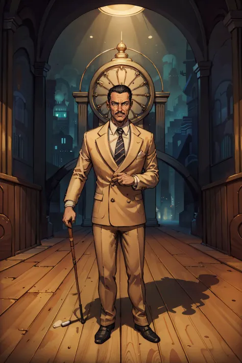 (masterpiece, best quality:1.2),  <lora:andrew_ryan-12:0.7>, ryanBS_soul3142, solo, looking at viewer, black hair, 1boy, necktie, striped, mustache, formal, suit, old, cane