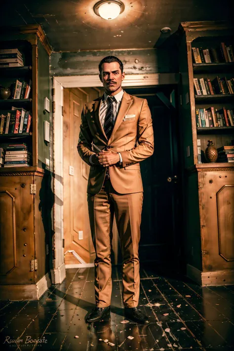 (masterpiece, best quality:1.2),  <lora:andrew_ryan-12:0.7>, ryanBS_soul3142, solo, black hair, 1boy, standing, suit, full body, white shirt, necktie, collared shirt, pants, indoors, black eyes, book, mustache,  bookshelf,