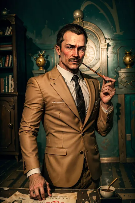 (masterpiece, best quality:1.2), <lora:andrew_ryan-12:0.7>, ryanBS_soul3142, solo, 1boy, white hair, necktie, book, mustache, formal, suit, realistic, old, smoking pipe