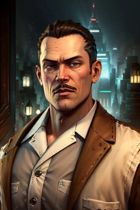(masterpiece, best quality:1.2), <lora:andrew_ryan-12:0.7>, ryanBS_soul3142, solo, short hair, black hair, 1boy, brown eyes, closed mouth, suit, white shirt, collared shirt, vest, mustache
