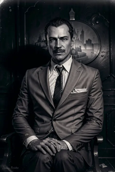 (masterpiece, best quality:1.2), <lora:andrew_ryan-12:0.7>, ryanBS_soul3142, solo, short hair, 1boy, sitting, suit, monochrome, upper body, greyscale, necktie, collared shirt, mustache,