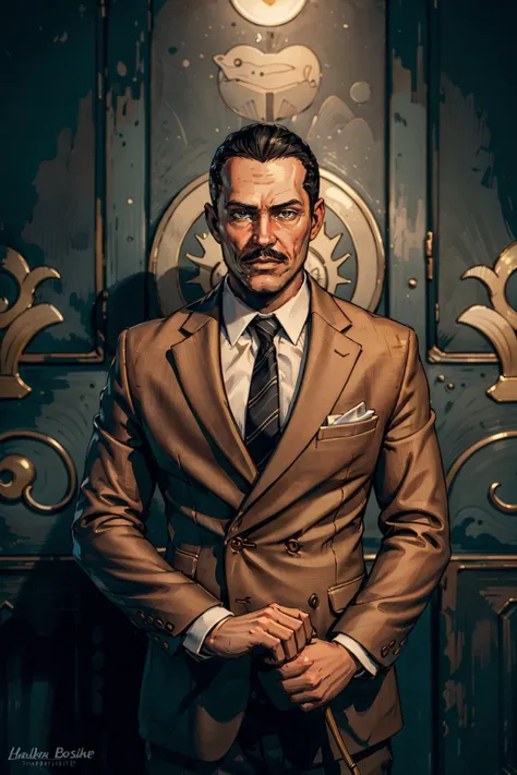 (masterpiece, best quality:1.2),  <lora:andrew_ryan-12:0.7>, ryanBS_soul3142, solo, looking at viewer, black hair, 1boy, necktie, mustache, formal, suit,