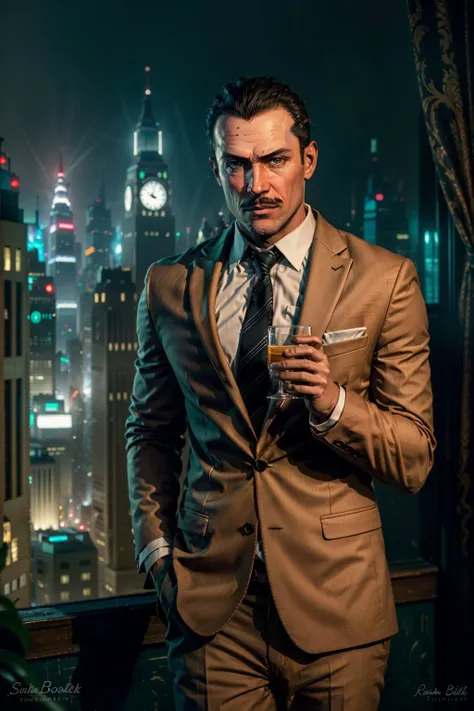 (masterpiece, best quality:1.2), <lora:andrew_ryan-12:0.7>, ryanBS_soul3142, solo, black hair, 1boy, suit, necktie, night, mustache, formal, city, glass