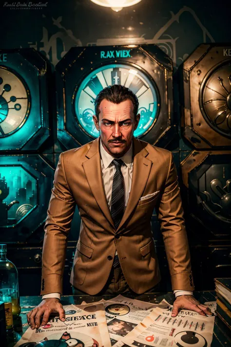 (masterpiece, best quality:1.2), <lora:andrew_ryan-12:0.7>, ryanBS_soul3142, solo, black hair, 1boy, necktie, mustache, formal, suit, science fiction