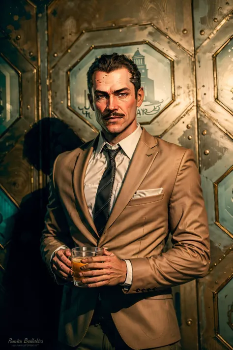 (masterpiece, best quality:1.2), <lora:andrew_ryan-12:0.7>, ryanBS_soul3142, solo, looking at viewer, black hair, 1boy, brown eyes, suit, white shirt, upper body, necktie, striped, collared shirt, mustache, formal, holding cup, brown jacket,