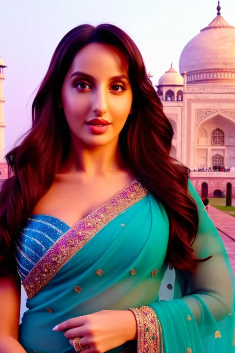 a photo of woman nora fatehi, backgroundat taj mahal, wearing saree, head shot , 8k uhd, soft lighting, fujifilm camera, <lora:Nora_Fatehi-000001:1>