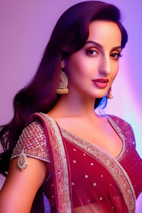 glamour photo of a beautiful 25_year old nora fatehi ,wearing havy emrodary saree, posing,perfect eyes, studio quality, subsurface scattering, canon 5D, realistic skin texture, skindentation, without makeup   <lora:Nora_Fatehi-000001:1>