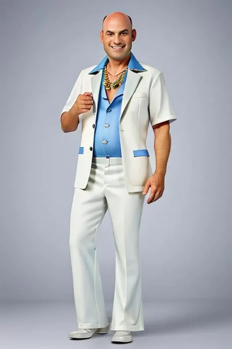 <lora:LeisureSuit:0.8>, leisuresuit, a almost bald ugly man in leisure suit, photo realistic, high quality, detailed face, gold necklace, (white suit and pant), ((short sleeves)), grin, index finger raised high up pointing to sky, smile, solo, black shoes, blue button, fat belly, short height