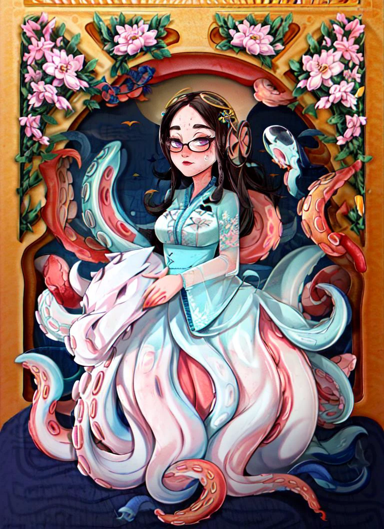 ((best quality)), ((highly detailed)), masterpiece, absurdres, detailed face, beautiful face, (detailed eyes, deep eyes), <lora:more_details:.7>, (1girl), (glasses), cowboy shot, <lora:aiomonstergirls_loraLocon:1>, (((scylla))), (((octopus girl))), standing, (tentacles:1.33), (suction cups:1.33), (fused:1.33), ((tentacle legs)), <lora:Squidlegs_V1.0:.6>, squidlegs, medium breasts, (skirt), partially submerged, (indoors, at a living room), <lora:纸çäººé£æ ¼_v1.0:1>, zhipianren