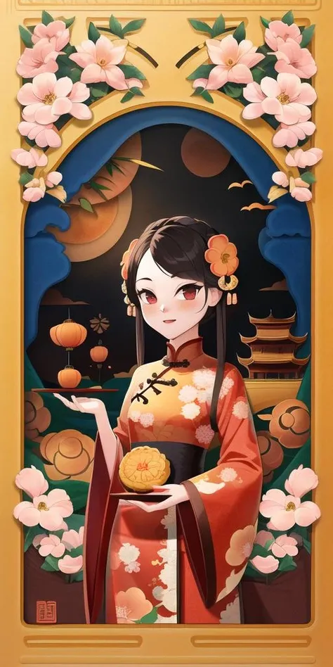 Moon Cake, Mid-Autumn Festival, 1girl, Chinese Architecture,
Rich colors,