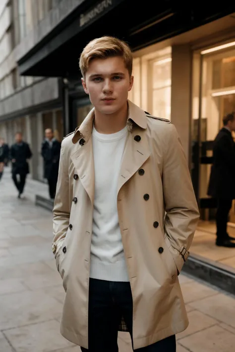 RAW photo, photo of man freddie_pearson wearing burberry trench coat on london street <lora:Freddie_Pearson-06:1>, 8k uhd, dslr, soft lighting, high quality, film grain, Fujifilm XT3