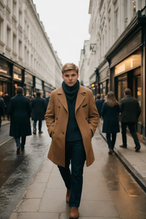 RAW photo, photo of man freddie_pearson walking down london street in brown peacoat <lora:Freddie_Pearson-06:1>, 8k uhd, dslr, soft lighting, high quality, film grain, Fujifilm XT3