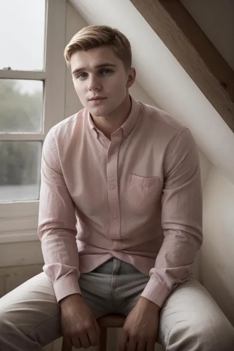 RAW photo, photo of man freddie_pearson wearing a pink (oxford shirt) in an attic in front of a window sitting on a stool <lora:Freddie_Pearson-06:1>