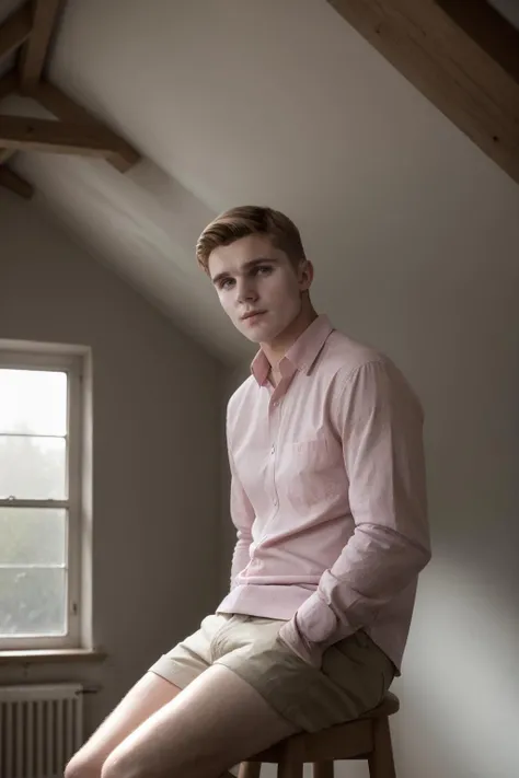 RAW photo, photo of man freddie_pearson wearing a pink (oxford shirt) in an attic in front of a window sitting on a stool <lora:Freddie_Pearson-06:1>