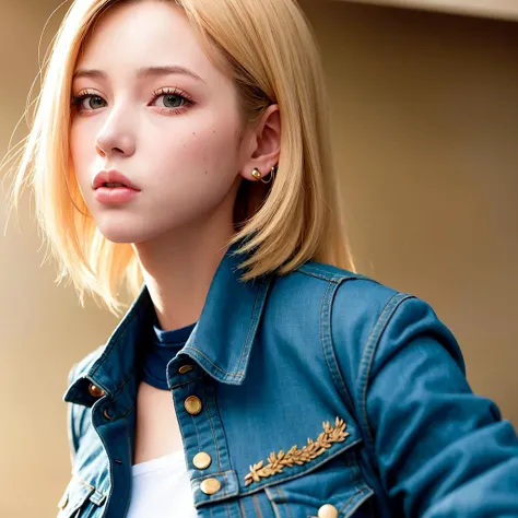 best quality, ultra high res, (photorealistic:1.4),((1girl)),Available light,ulzzang-6500:1.0,android 18, blonde hair, blue eyes, ((short hair)), jewelry, earrings, smile, jacket, looking to the side, denim, denim jacket, upper body, shirt, black shirt, closed mouth, cloud, sky, day, looking away, blue sky, collarbone, <lora:android18DragonBall_one:1>