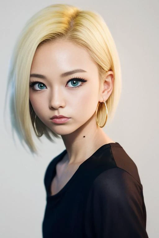 toriyama_akira , , dragon ball, (dragonball z), 1girl, solo, android 18, blonde hair, blue eyes, short hair, simple background, hoop earrings,  looking at viewer, long sleeves, shirt, upper body, white background, closed mouth, black shirt, collarbone, expressionless , <lora:android18:0.5> , <lora:akiraToriyamaStyle_toriyamaAkira3:0.4><hypernet:sgqo1n:1.0>