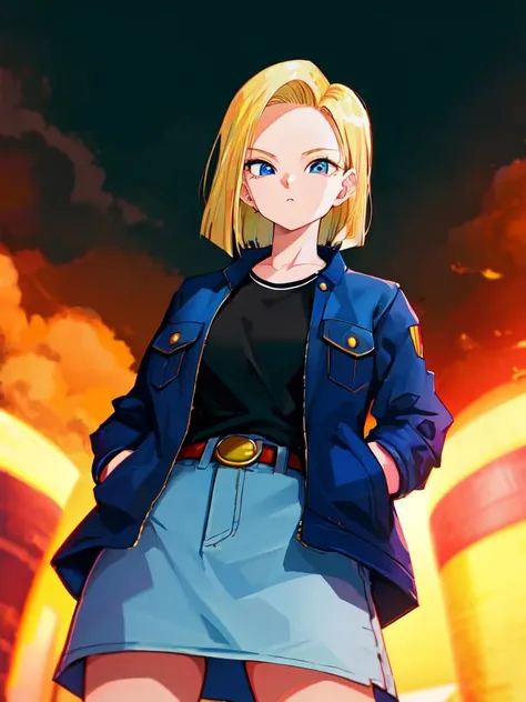 master piece, best quality, high detail, ultra-detailed, an extremely beautiful girl, toriyama_akira , dragon ball, (dragonball z), 1girl, solo, android 18, blonde hair, blue eyes, short hair, belt, hands in pockets, jacket, looking at viewer, black shirt, pants, shirt, denim, closed mouth, blue jacket, long sleeves, denim jacket, skirt, <lora:android18:0.5>, view from below, street