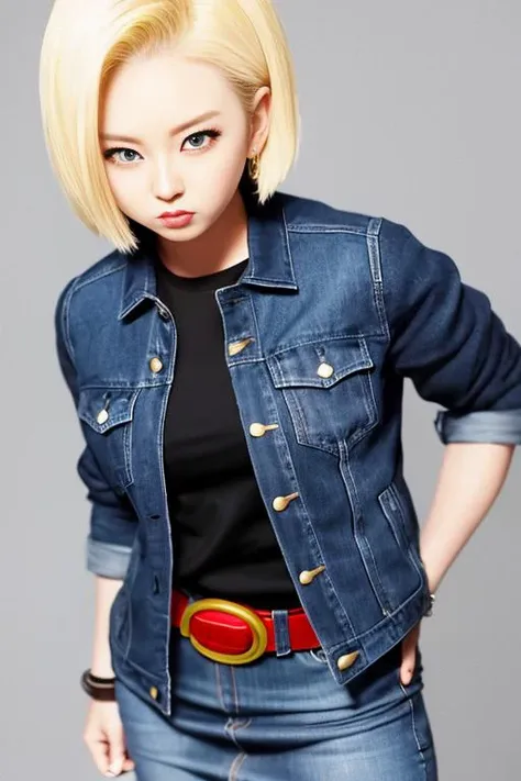 toriyama_akira , dragon ball, (dragonball z), 1girl, solo, android 18, blonde hair, blue eyes, short hair, simple background, belt, hands in pockets, white background, jacket, looking at viewer, black shirt, pants, shirt, denim, closed mouth, blue jacket, long sleeves, denim jacket, skirt, <lora:android18:0.5><hypernet:sgqo1n:1.0>